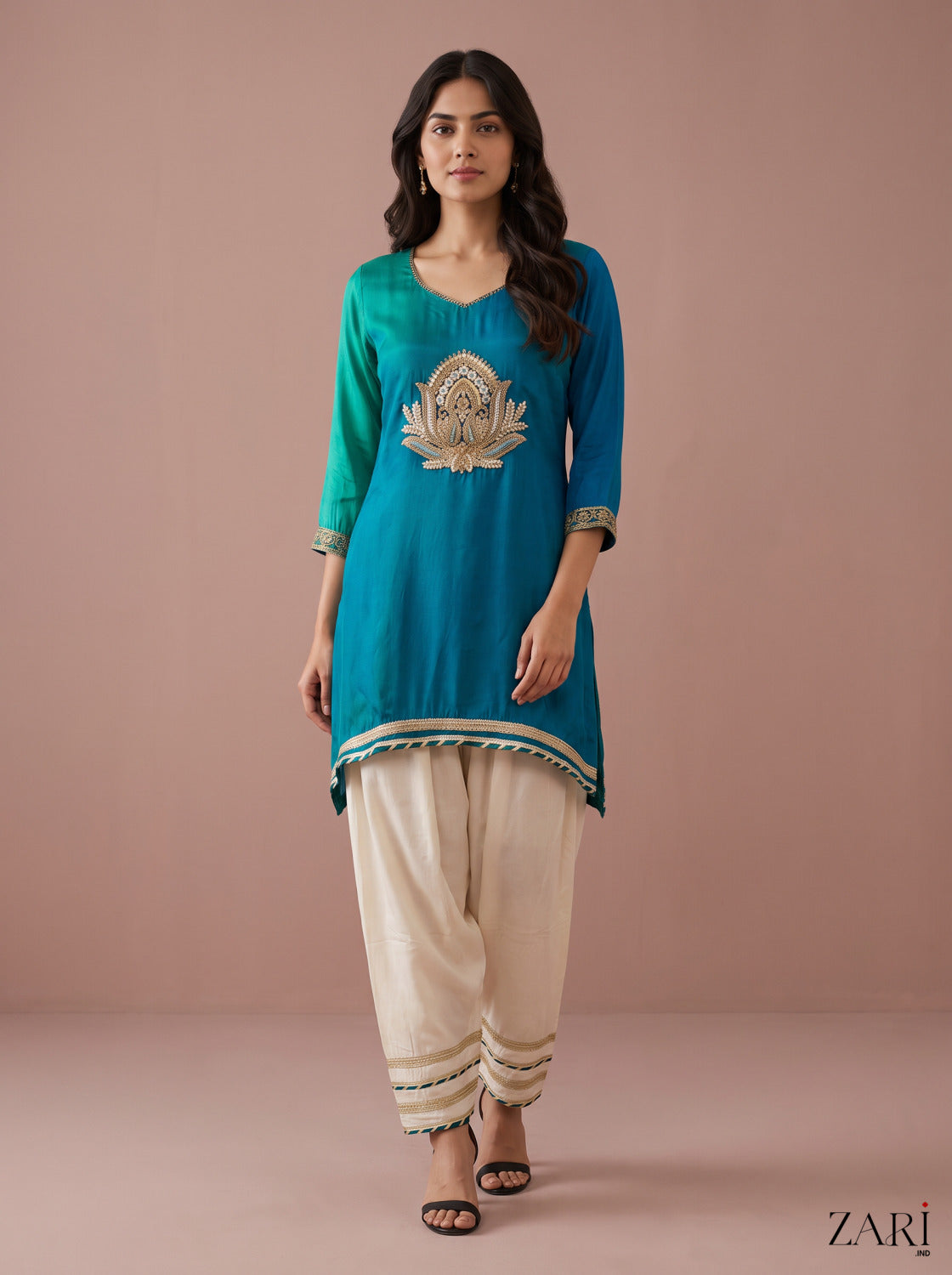 Teal Ombré Kurta with Cream Salwar Set