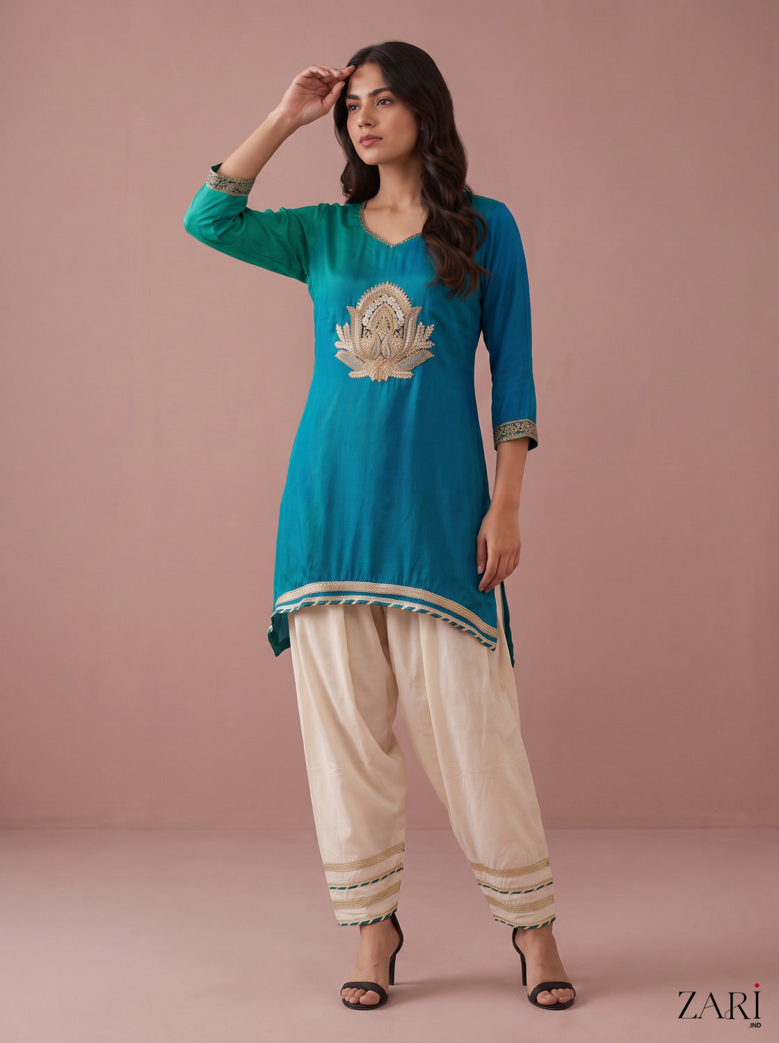 Teal Ombré Kurta with Cream Salwar Set