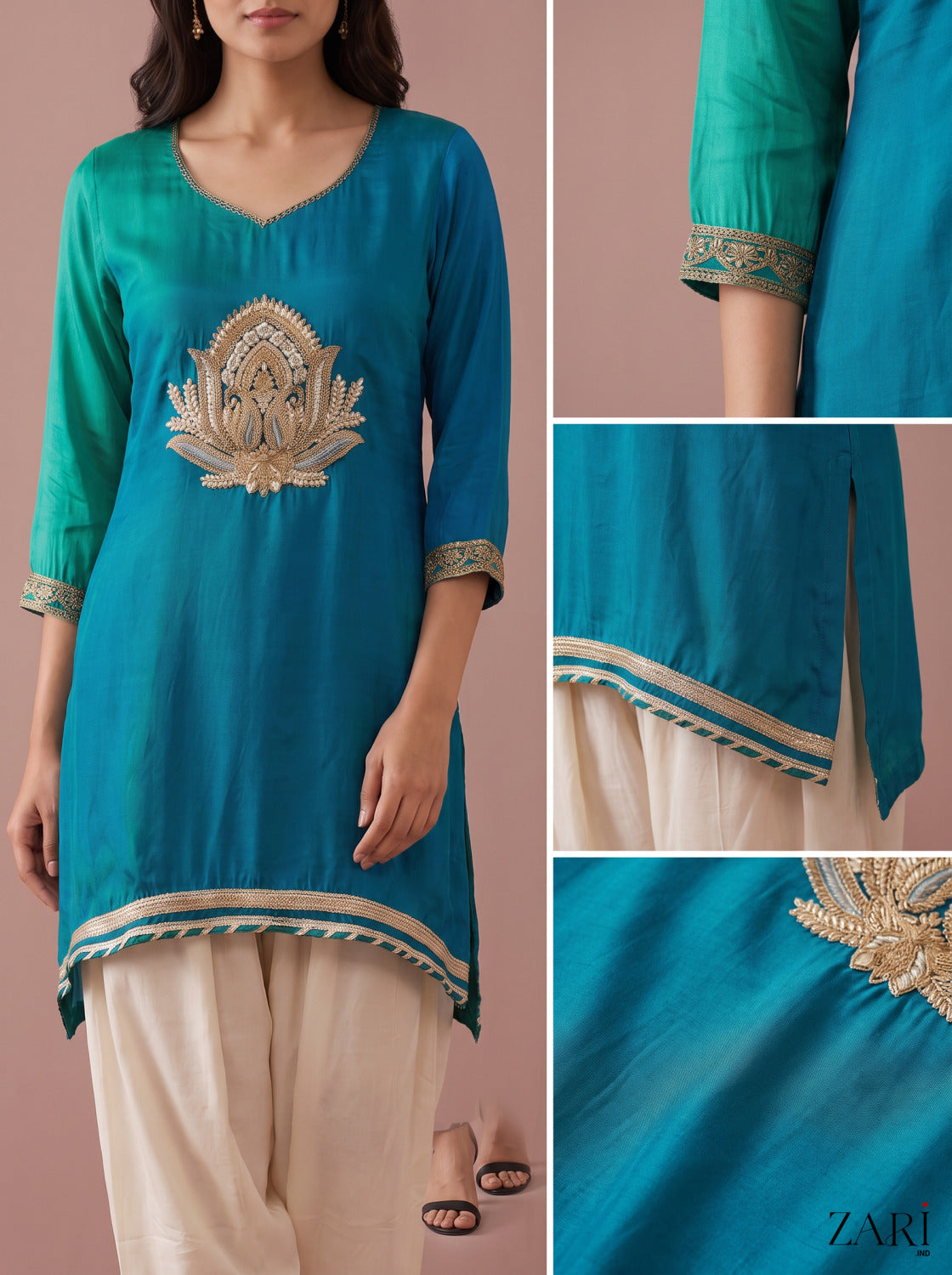 Teal Ombré Kurta with Cream Salwar Set