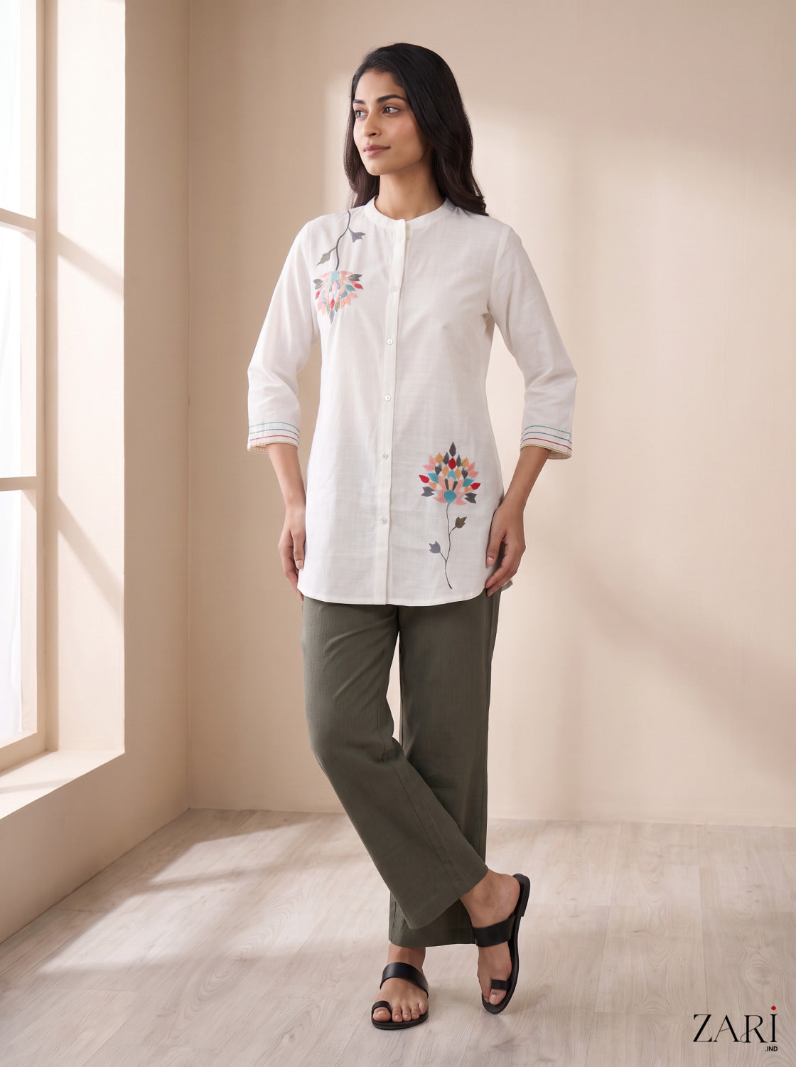White Embroidered Floral Shirt Tunic with Olive Green Pants