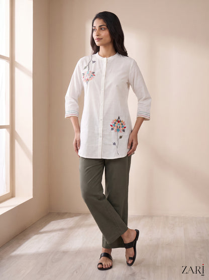 White Embroidered Floral Shirt Tunic with Olive Green Pants