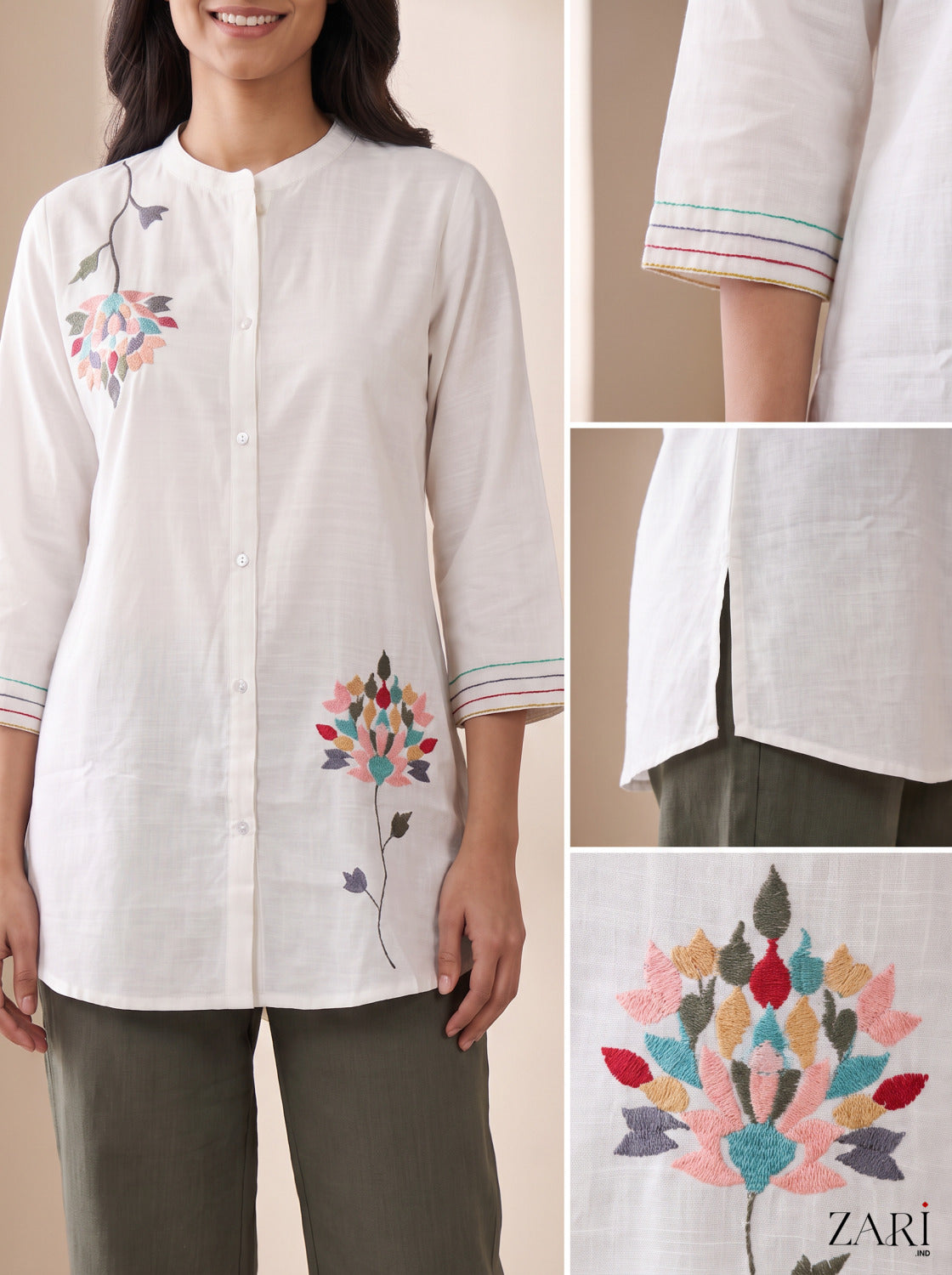 White Embroidered Floral Shirt Tunic with Olive Green Pants