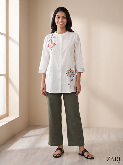 White Embroidered Floral Shirt Tunic with Olive Green Pants