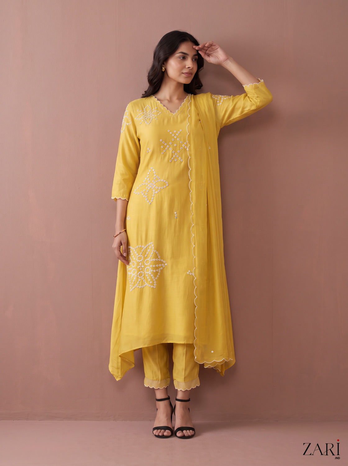 Yellow Embroidered Kurta Set with Scalloped Dupatta