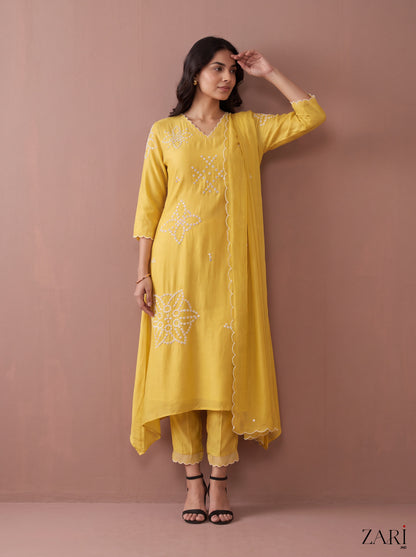 Yellow Embroidered Kurta Set with Scalloped Dupatta