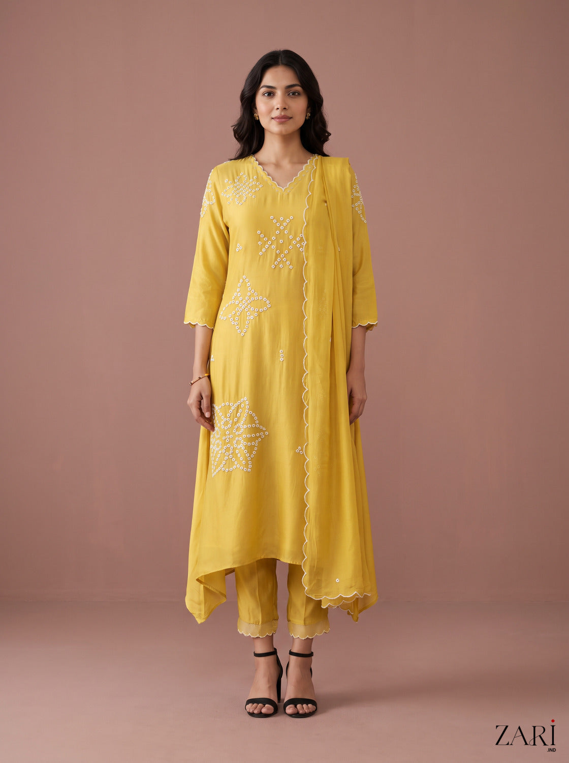 Yellow Embroidered Kurta Set with Scalloped Dupatta