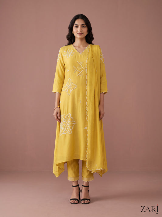 Yellow Embroidered Kurta Set with Scalloped Dupatta