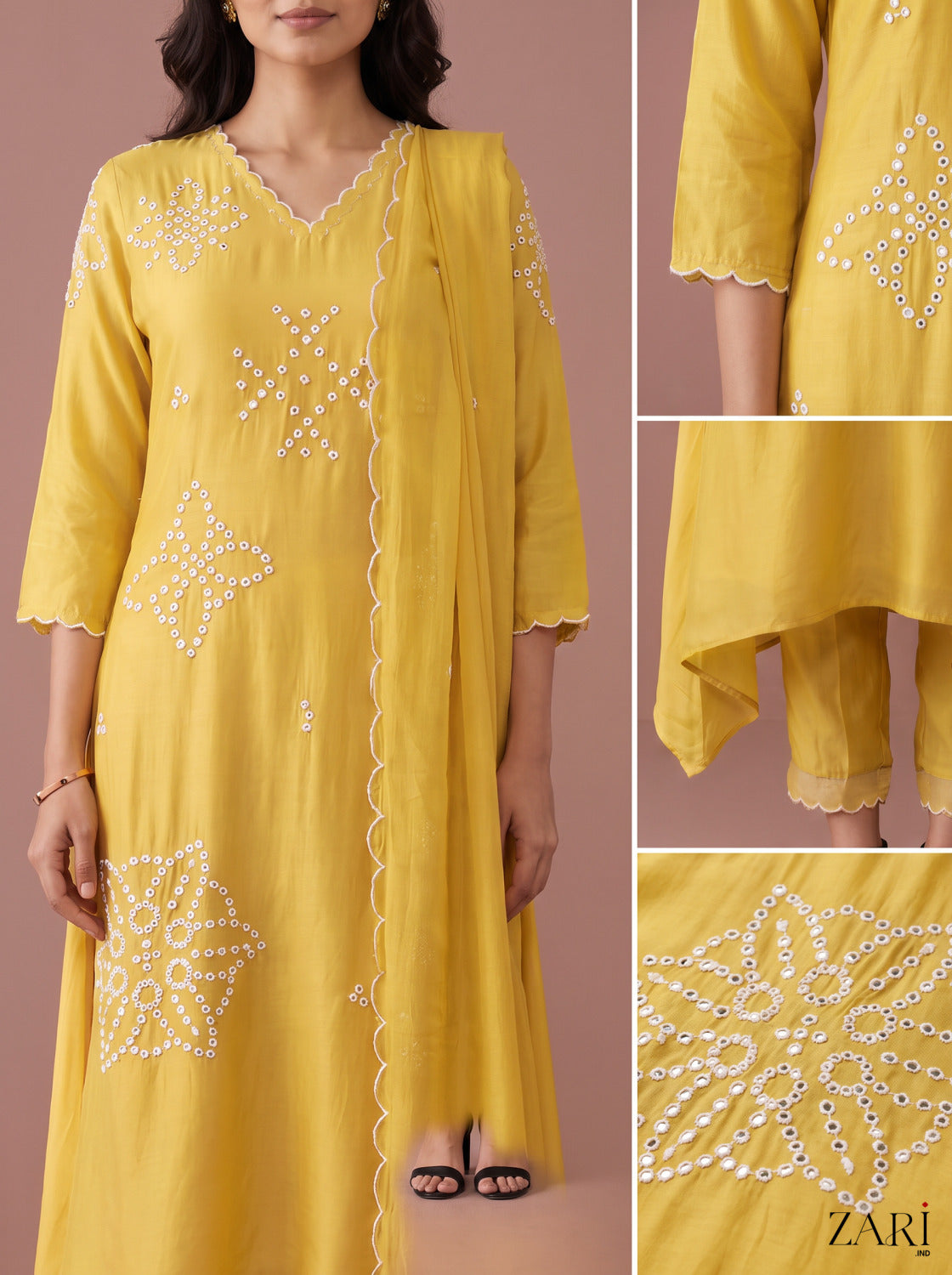 Yellow Embroidered Kurta Set with Scalloped Dupatta