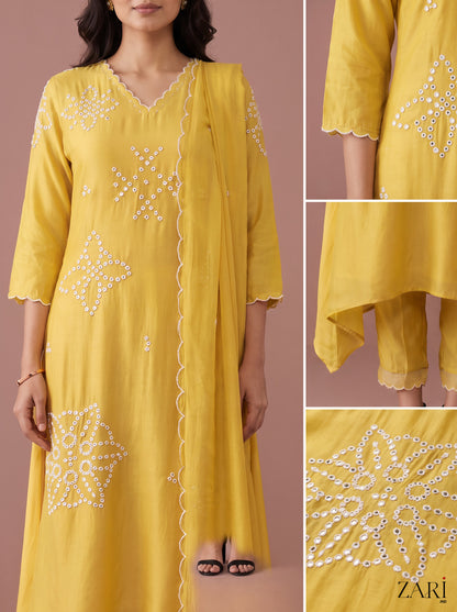 Yellow Embroidered Kurta Set with Scalloped Dupatta