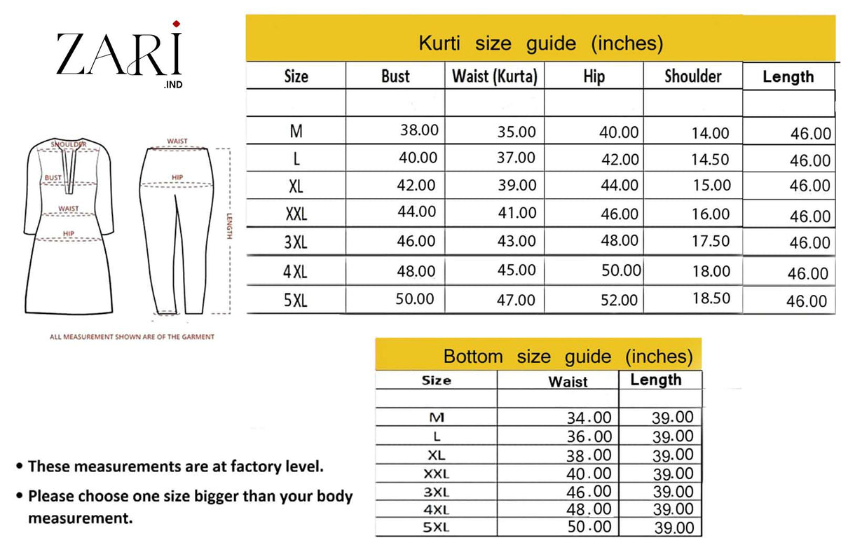 Black Leaf Print Cotton Kurta Set size chart