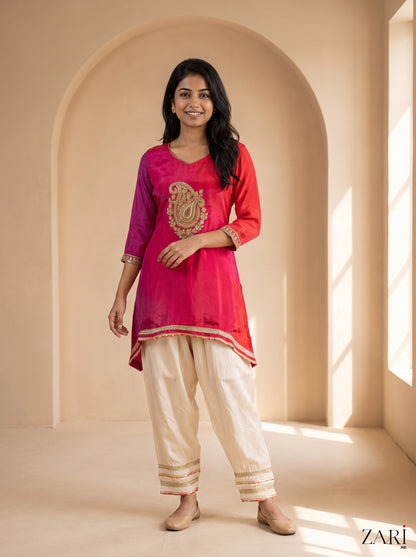 Rani Pink Silk Kurta with Cream Pants